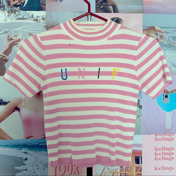 UNIF Pink Striped Distressed T-Shirt – Edgy & Casual - Picture 1 of 4